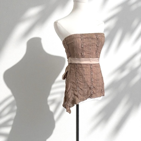 Y2K Charlotte Russe Strapless Mesh Lace Top – Mocha, Satin Waist Fairy Whimsy L - Picture 1 of 7
